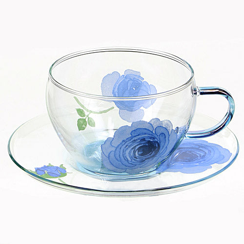 耐熱ガラス製　カップ＆ソーサー　ブルーローズ（ブルー）